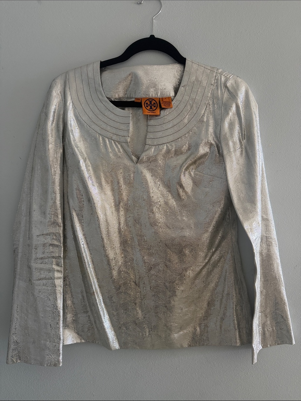 Vintage Tory Burch Metallic Silver Long-Sleeve Scoop-Neck Blouse